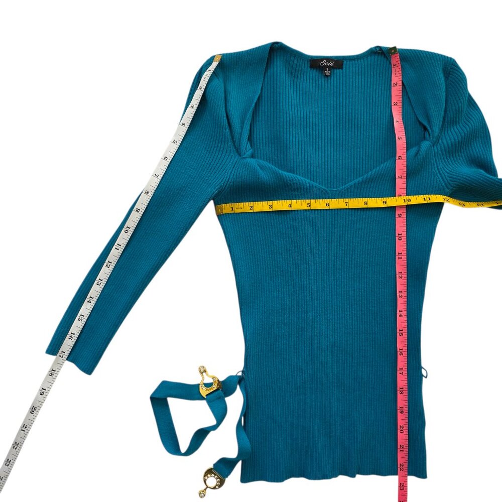 LONG SLEEVED TEAL BELTED SWEATER TOP SIZE SMALL - Picture 8 of 8